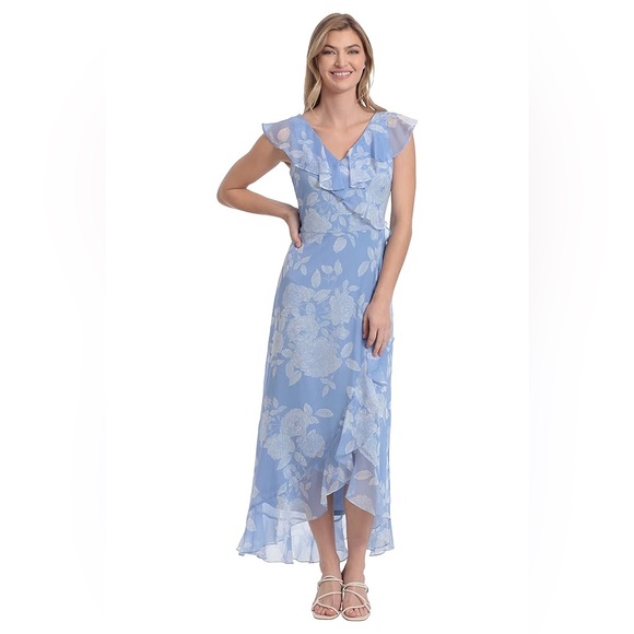 London Times Chiffon Faux Wrap Ruffle Hi/Low Dress Size‎ 8 Blue White - Picture 1 of 12